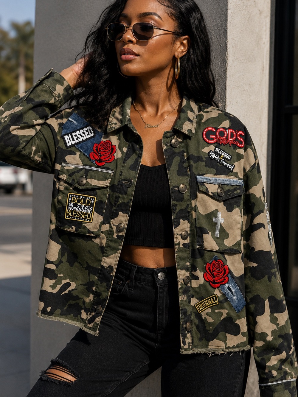 Camo Patchwork Jacket with Red Rose Patches